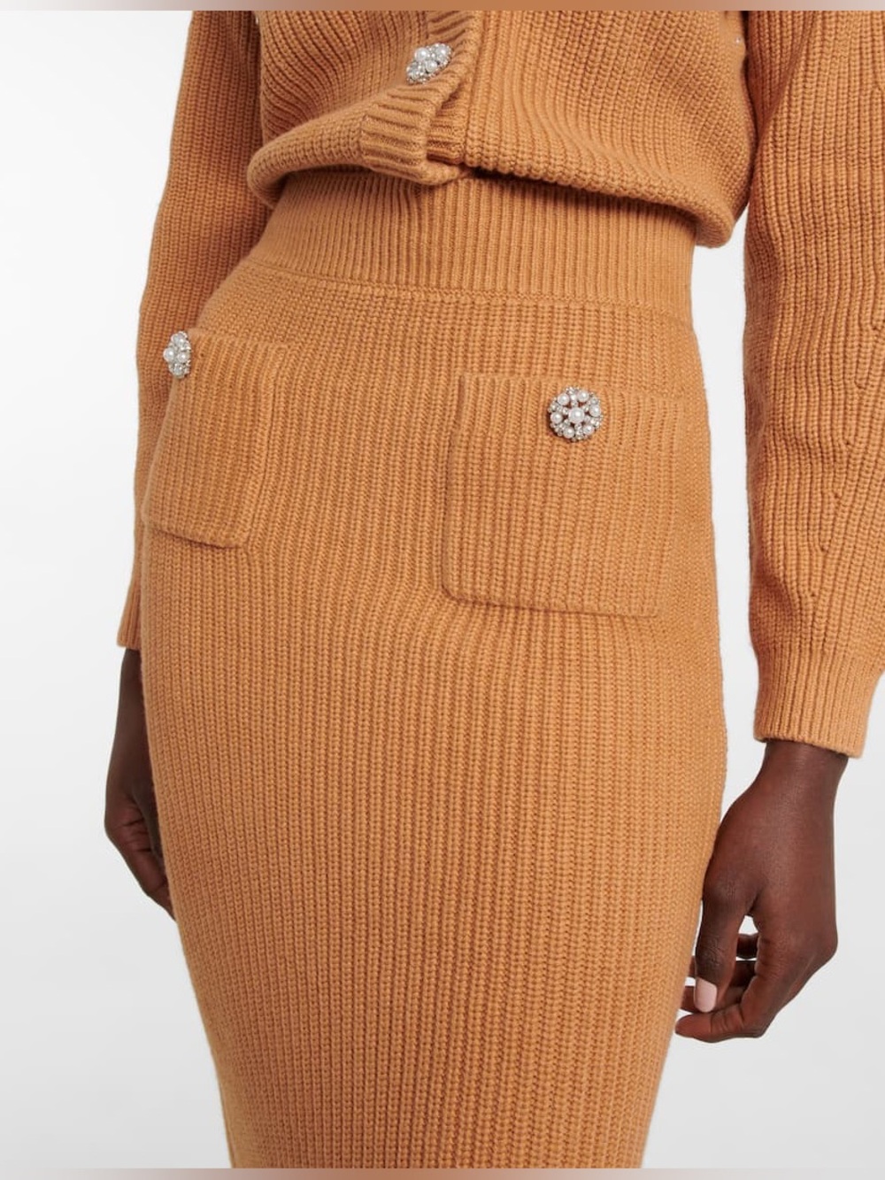 Self-Portrait Camel knitted midi skirt Small Ribbed Knit Bodycon Casual Fall New